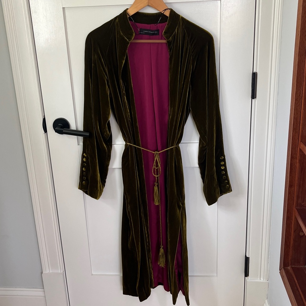 Zara Green Velvet Open Jacket Caftan Formal Dressing XS - Picture 2 of 15